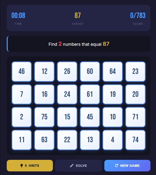 SumCruncher daily brain training game interface showing number puzzle grid, timer, target sum, and cognitive challenge gameplay